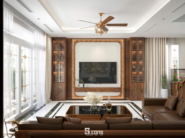 Thiết kế phòng khách bằng gỗ óc chó nhập khẩu bắc mỹ