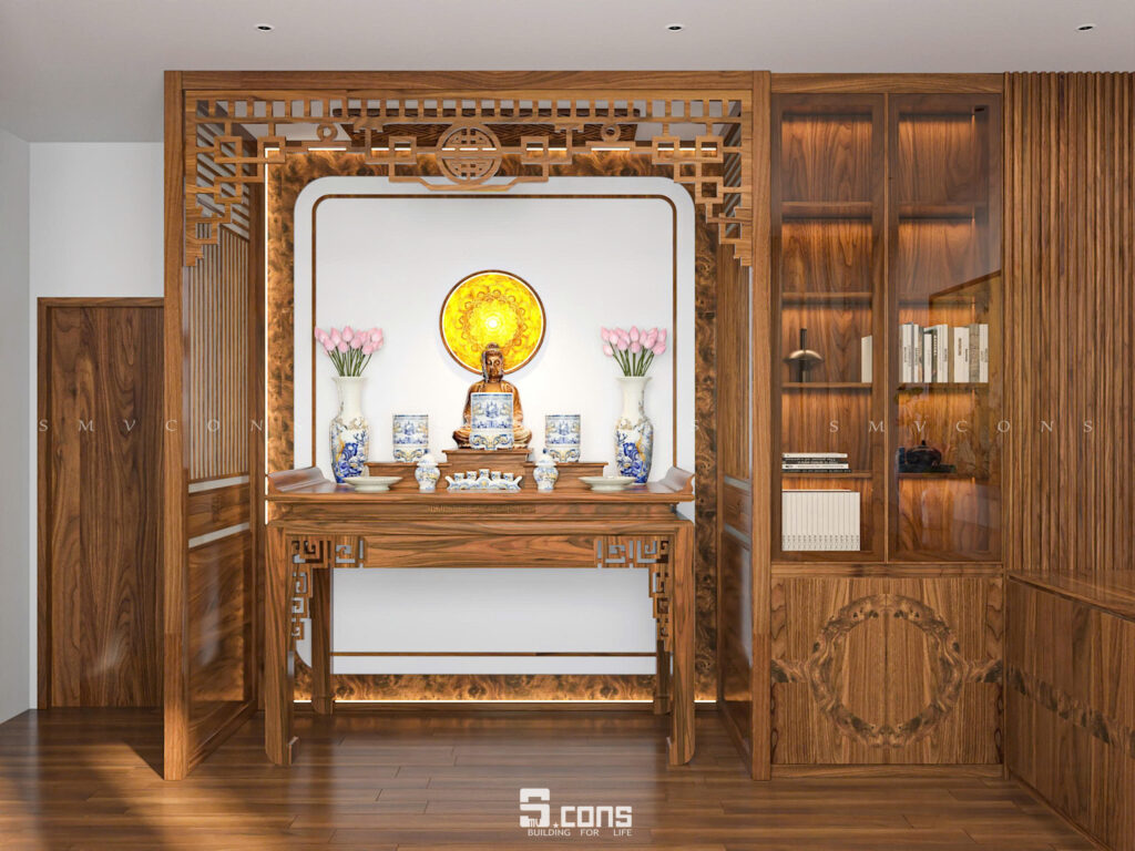 Không gian phòng thờ gỗ óc chó trang nghiêm